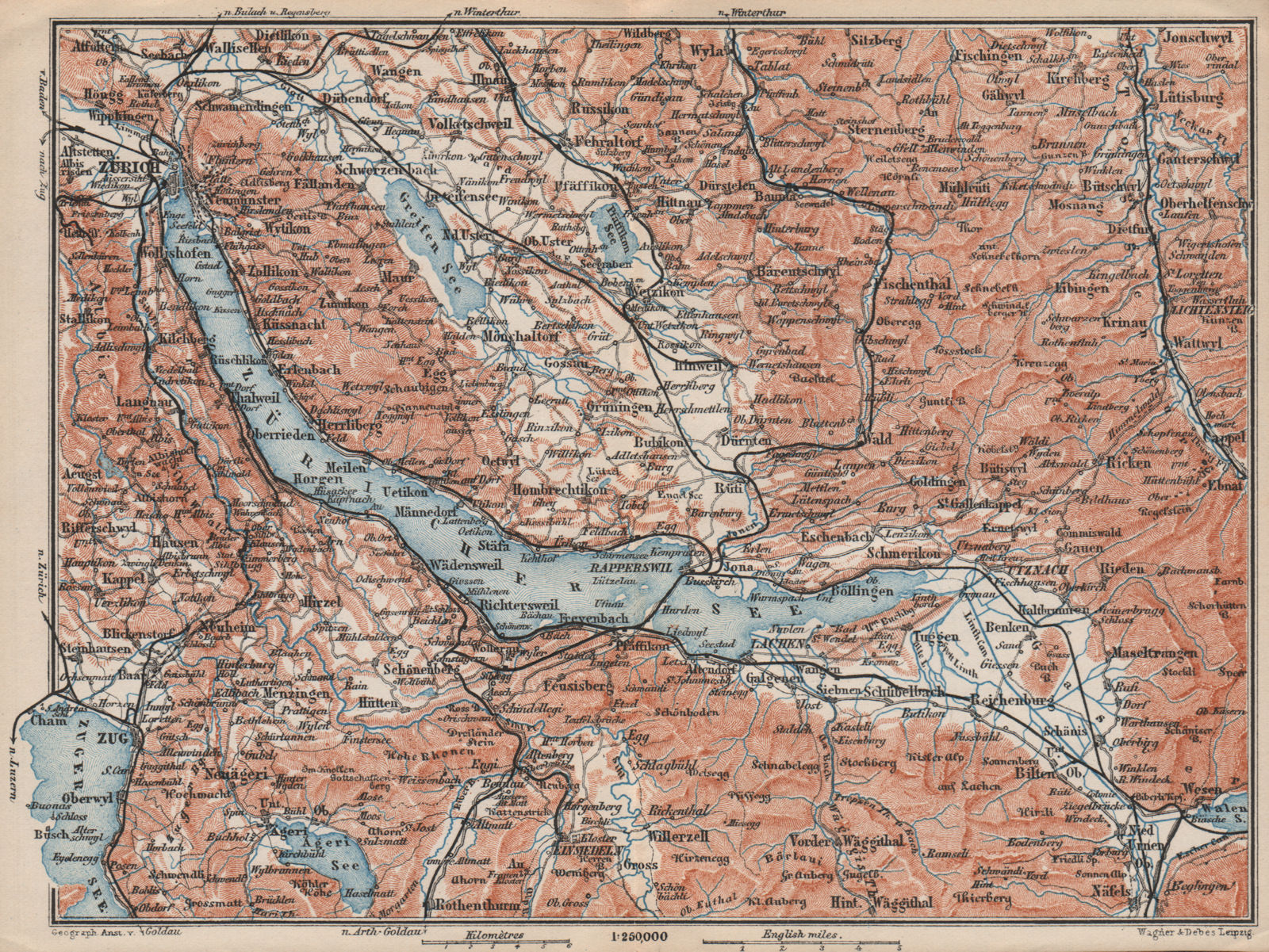 Associate Product LAKE ZÜRICH. Zuricher See Lachen Utznach.Topo-map. Switzerland Schweiz 1897