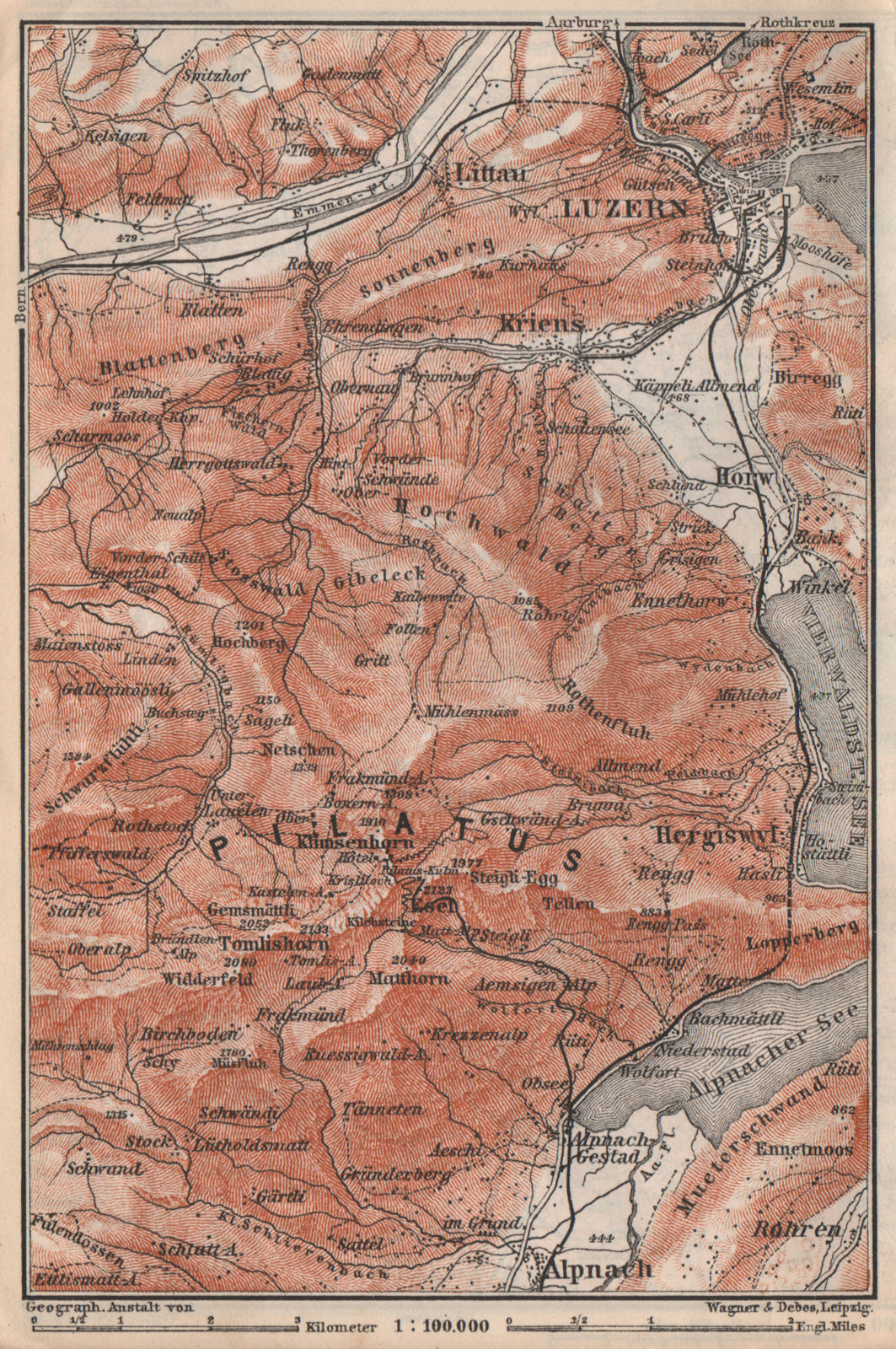 Associate Product PILATUS. Luzern Lucerne Kriens Alpnach Hergiswil. Topo-map. Schweiz 1897