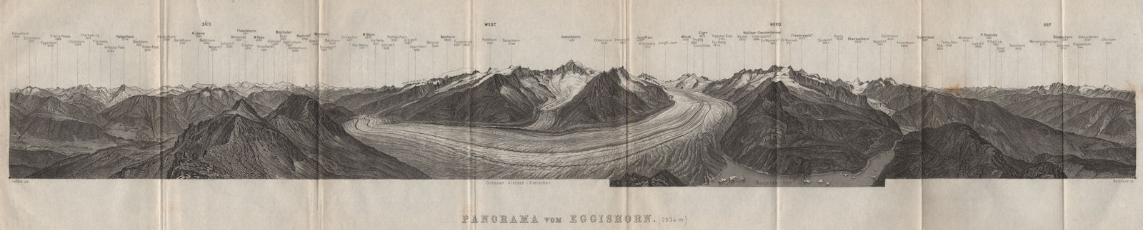 Associate Product EGGISHORN PANORAMA Aletschhorn Glacier Nesthorn Mont Blanc Leone Eiger 1897 map