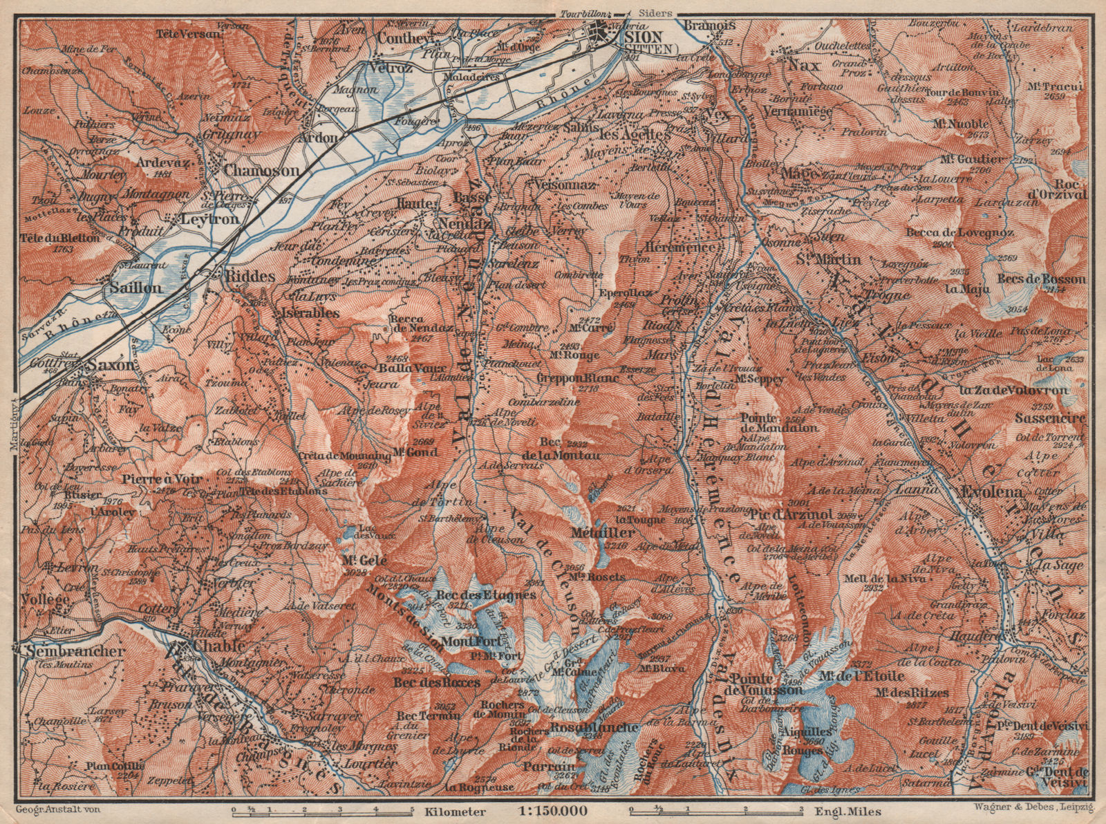 Associate Product Area south of SION. Verbier Riddes Nendaz Veysonnaz Hérens Entremont 1897 map