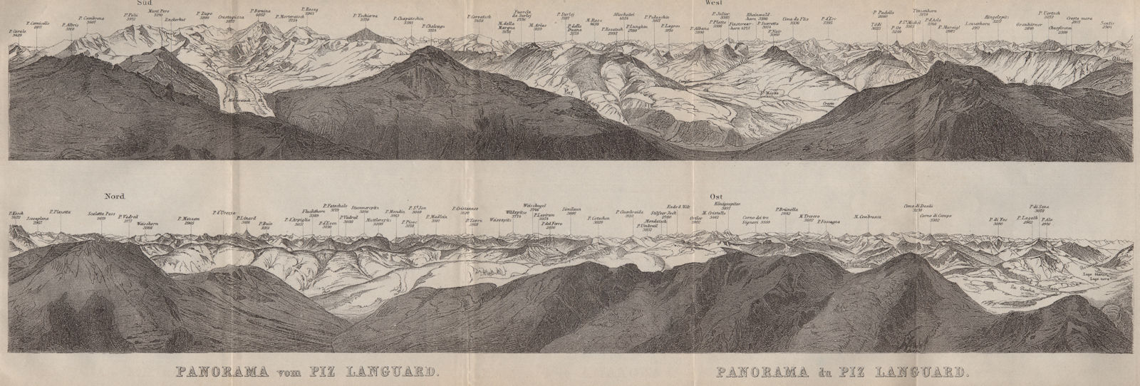 Associate Product PIZ LANGUARD PANORAMA. Bernina Roseg Monte Rosa Mont Blanc Cristallo 1897 map