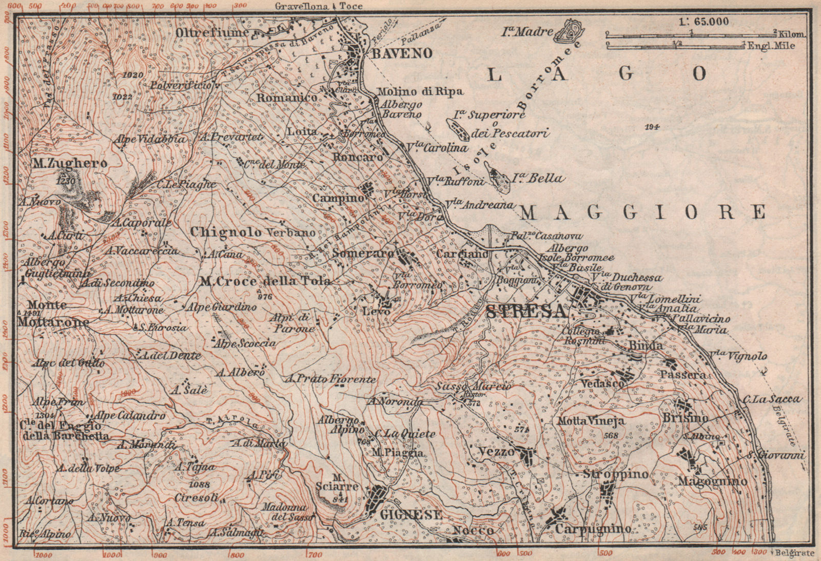 STRESA ENVIRONS. Baveno Gignese. Italy mappa. BAEDEKER 1897 old antique