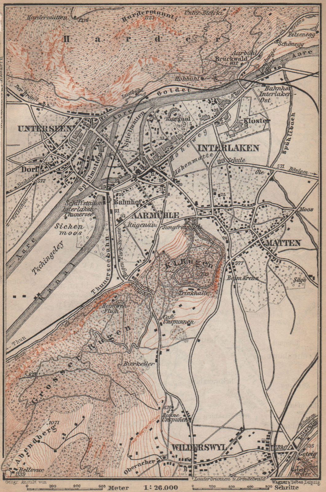 INTERLAKEN ENVIRONS. Unterseen Matten Aarmuhle Wilderswyl. Schweiz 1899 map