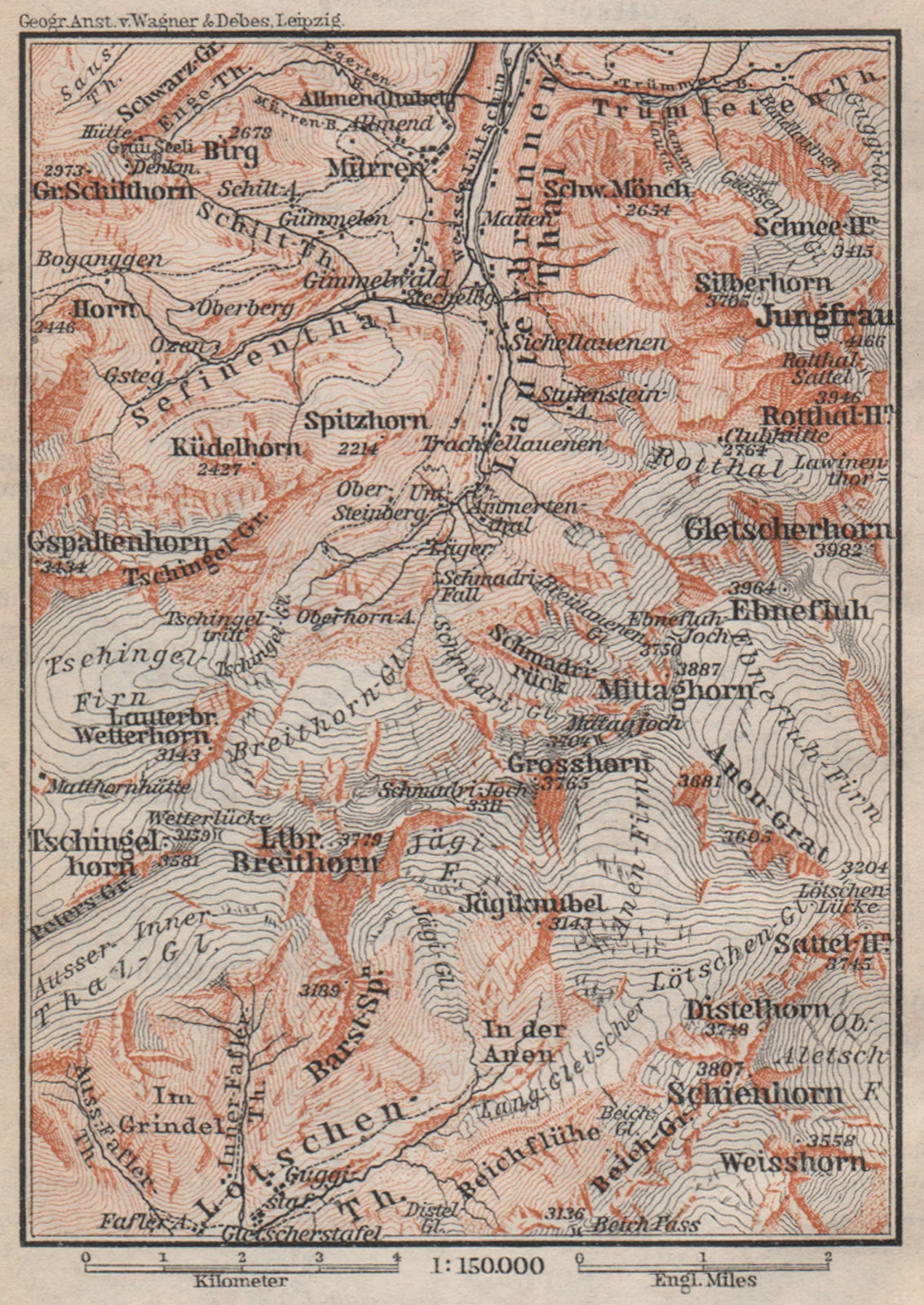 Associate Product UPPER LAUTERBRUNNEN VALLEY/WALL. Grosshorn Breithorn Jungfrau. SMALL 1899 map