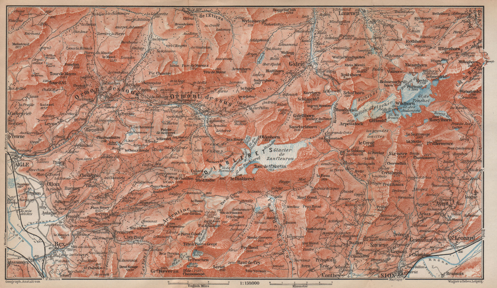 AIGLE DISTRICT.Les Diablerets Villars Gryon Leysin Les Mosses Ormont 1899 map