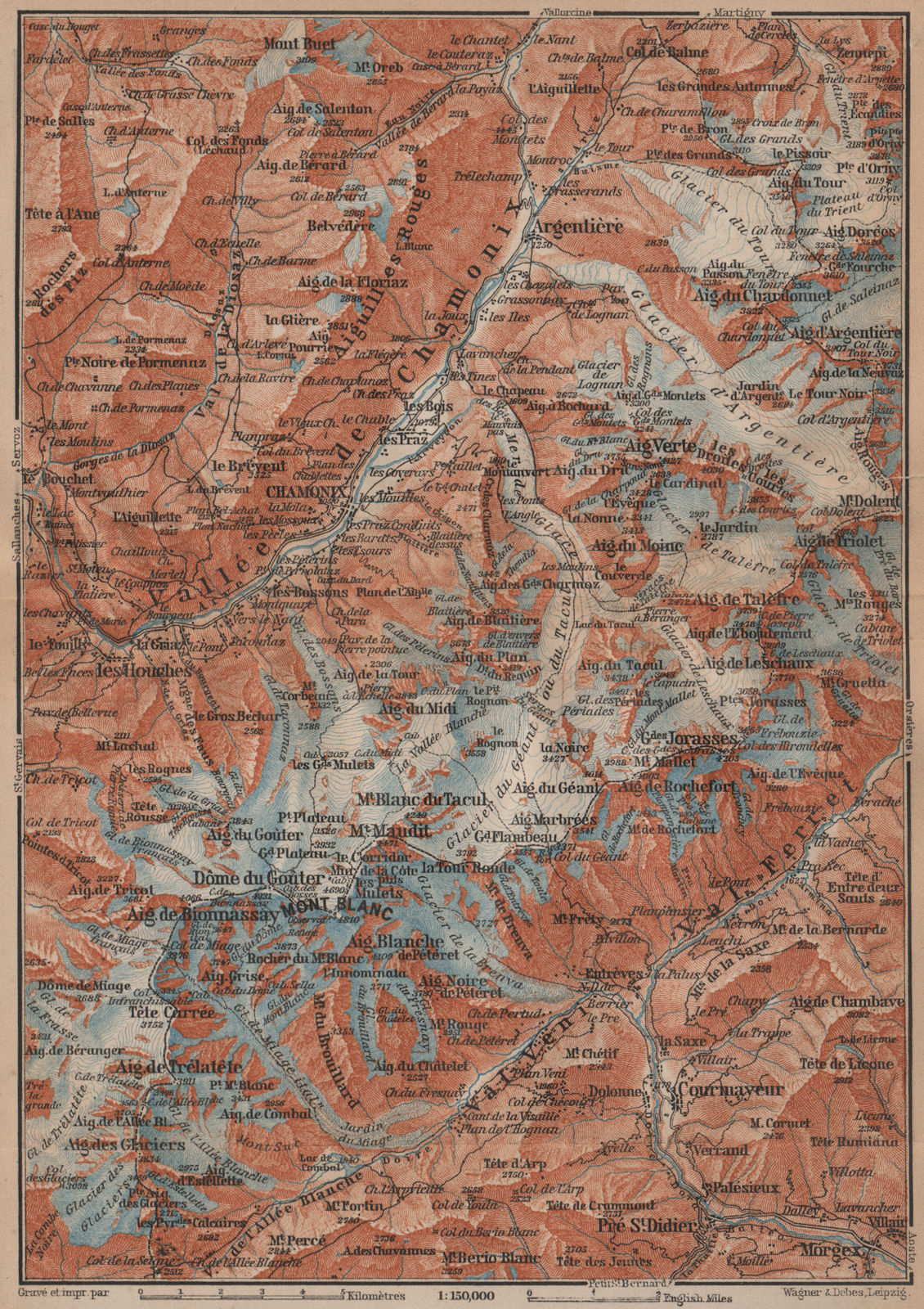CHAMONIX & MONT BLANC MASSIF. Argentière Les Houches Courmayeur carte 1899 map