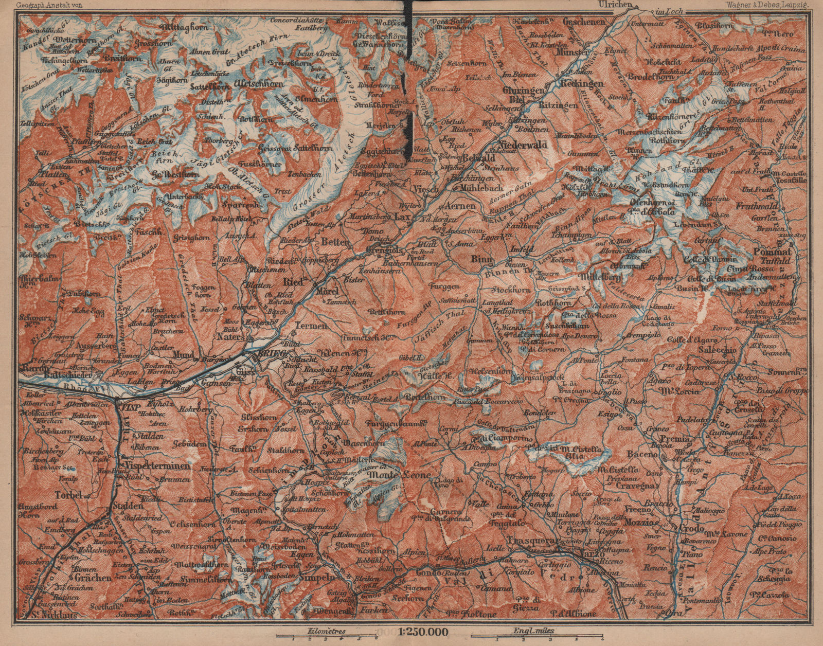 Associate Product UPPER VALAIS. Grächen Aletschhorn Ofenhorn Brieg Niederwald Ried Rhone 1899 map