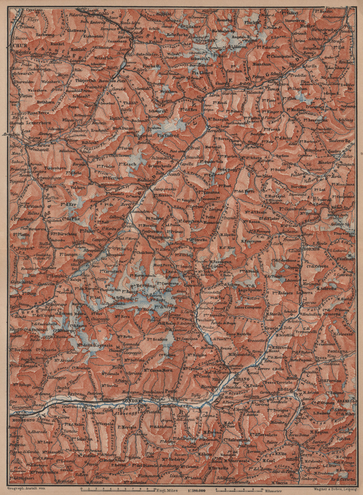 Associate Product ENGADINE/VAL TELLINA. Davos Arosa Sils Bormio Livigno Sondrio Chur 1899 map