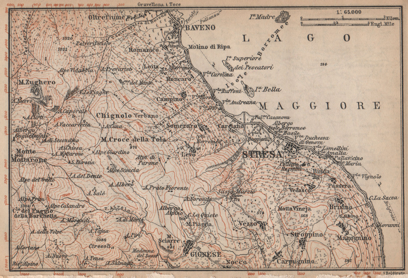 STRESA ENVIRONS. Baveno Gignese. Italy mappa. BAEDEKER 1899 old antique