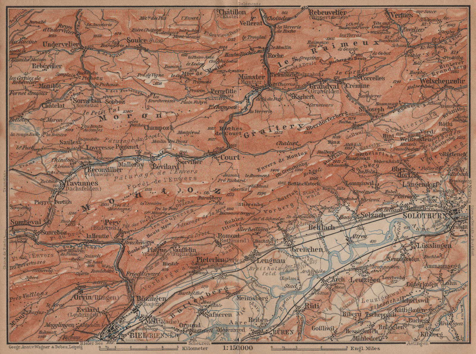 BERNESE JURA. Solothurn Biel/Bienne Rebeuvelier Tavannes. Topo-map 1901