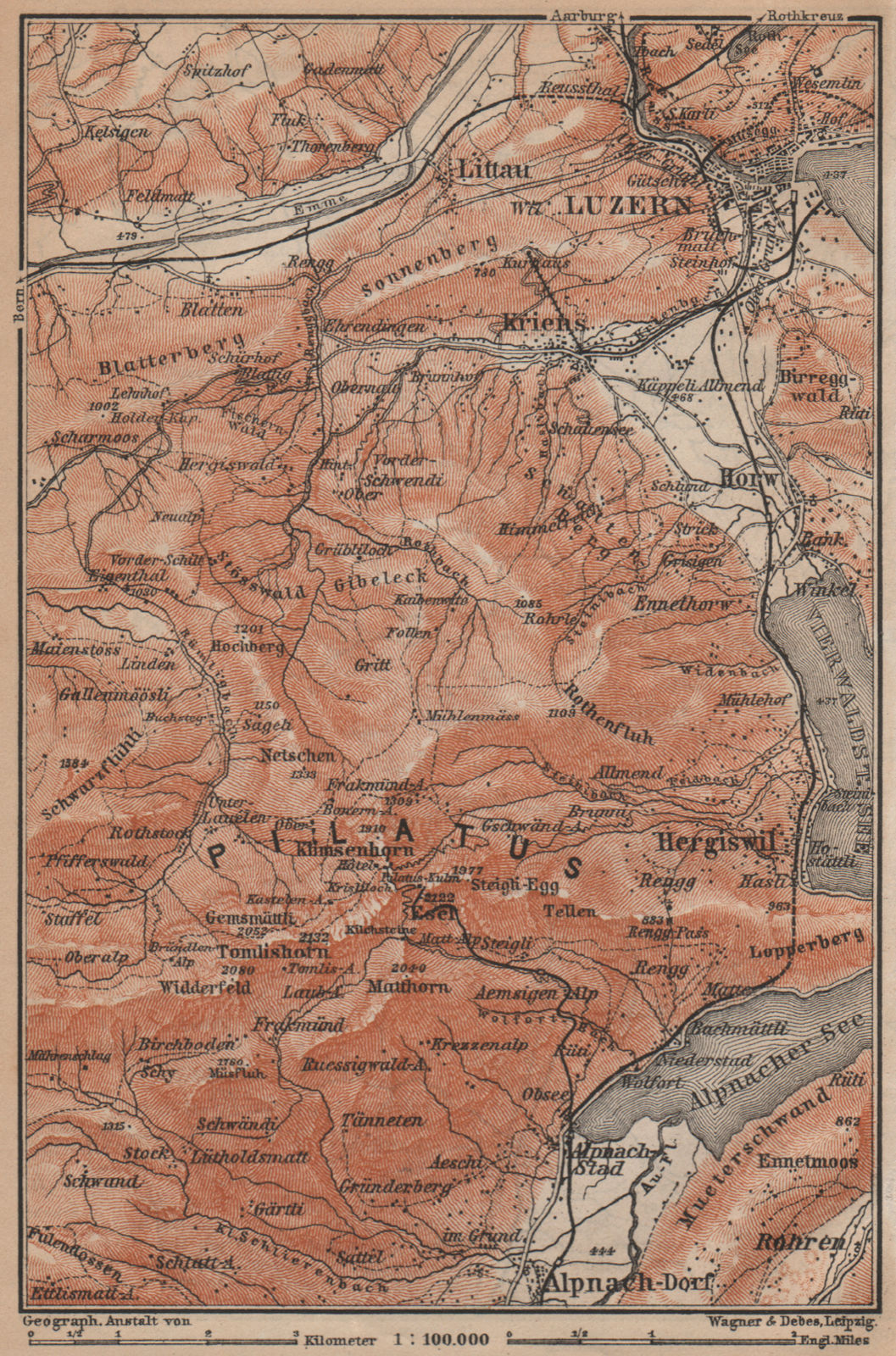 Associate Product PILATUS. Luzern Lucerne Kriens Alpnach Hergiswil. Topo-map. Schweiz 1901