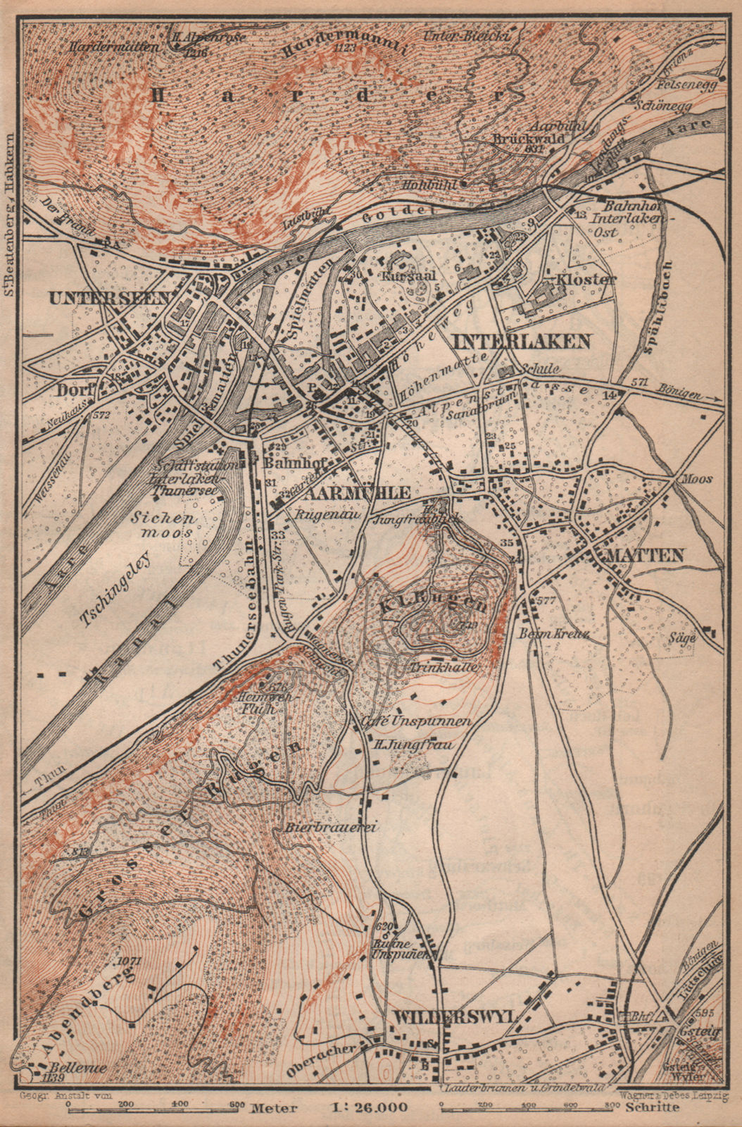 INTERLAKEN ENVIRONS. Unterseen Matten Aarmuhle Wilderswyl. Schweiz 1901 map