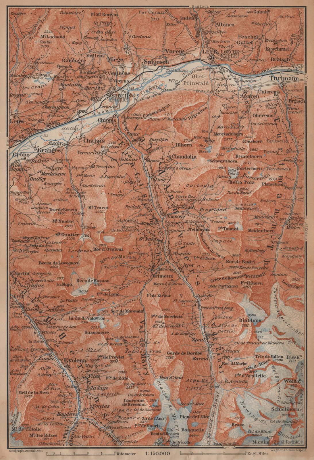 SIERRE & VAL D'ANNIVIERS. Crans-Montana Grimentz Leukle Weisshorn 1901 old map