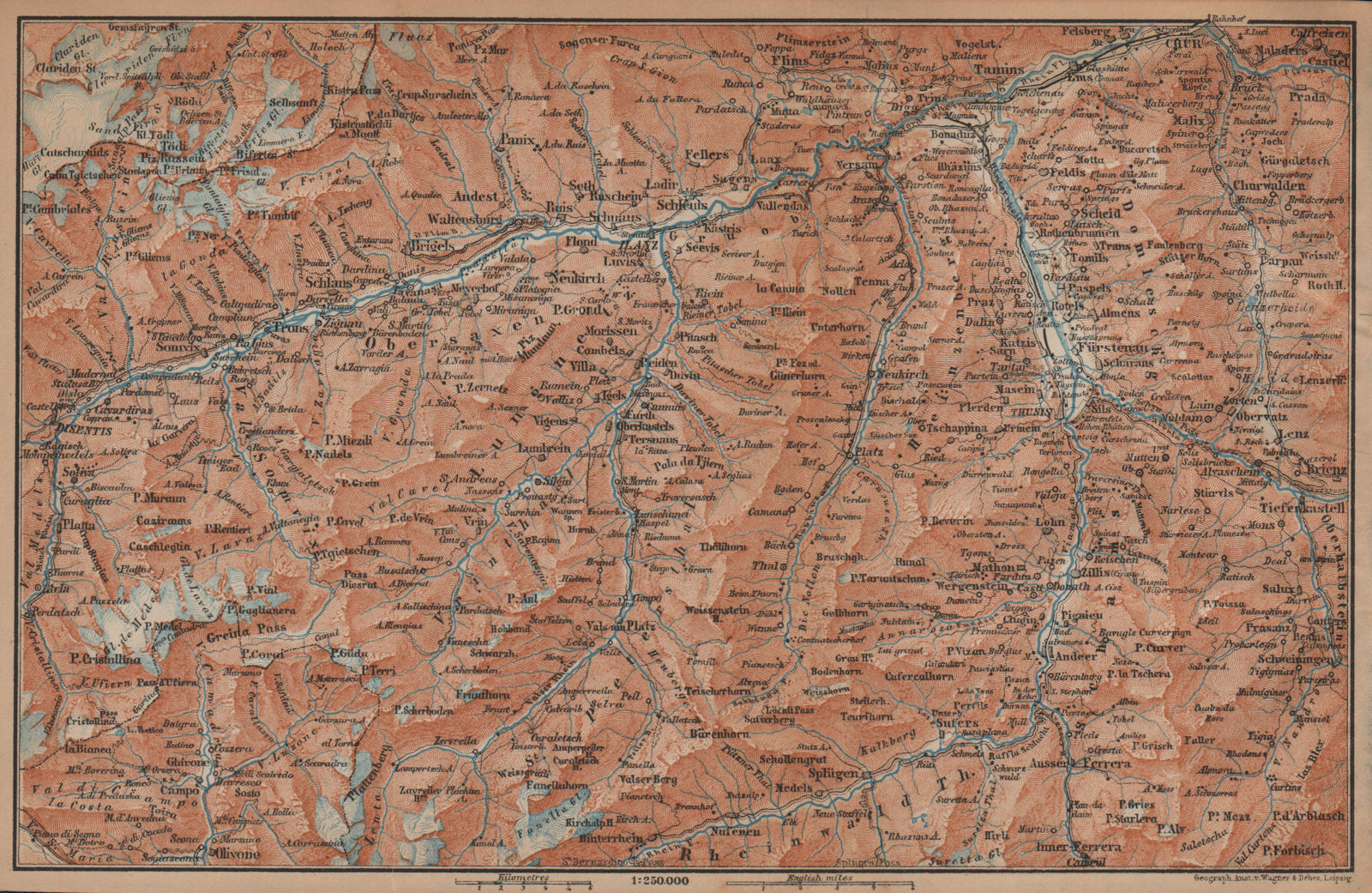 Associate Product VORDER-RHEINTHAL. Flims Laax Chur Obersaxen Tamins Brigels Thusis 1901 old map