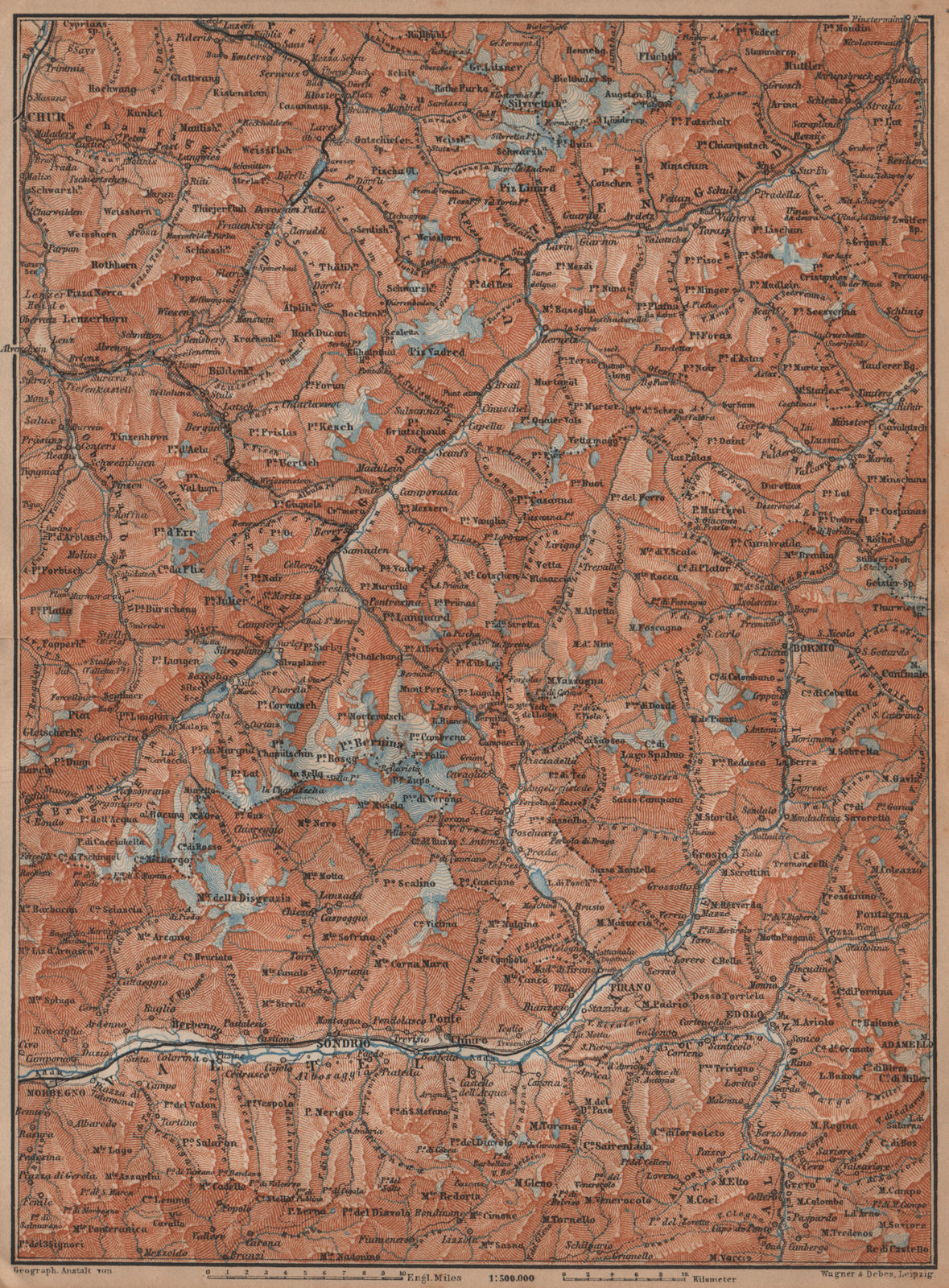 Associate Product ENGADINE/VAL TELLINA. Davos Arosa Sils Bormio Livigno Sondrio Chur 1901 map