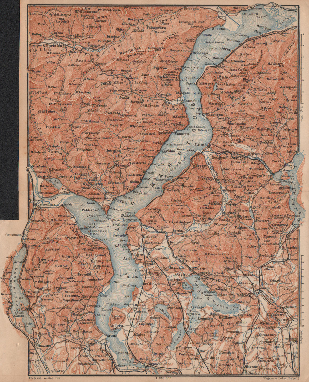 LAGO MAGGIORE. Lake Maggiore. Varese Varesa Pallanza. Topo-map. Italy 1901