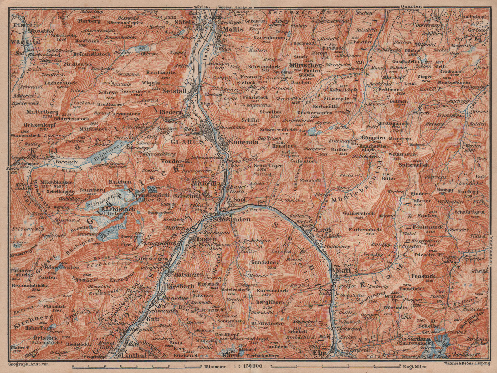 GLARUS area. Braunwald Bächistock Netstall Mollis Näfels Elm. Topo-map 1905