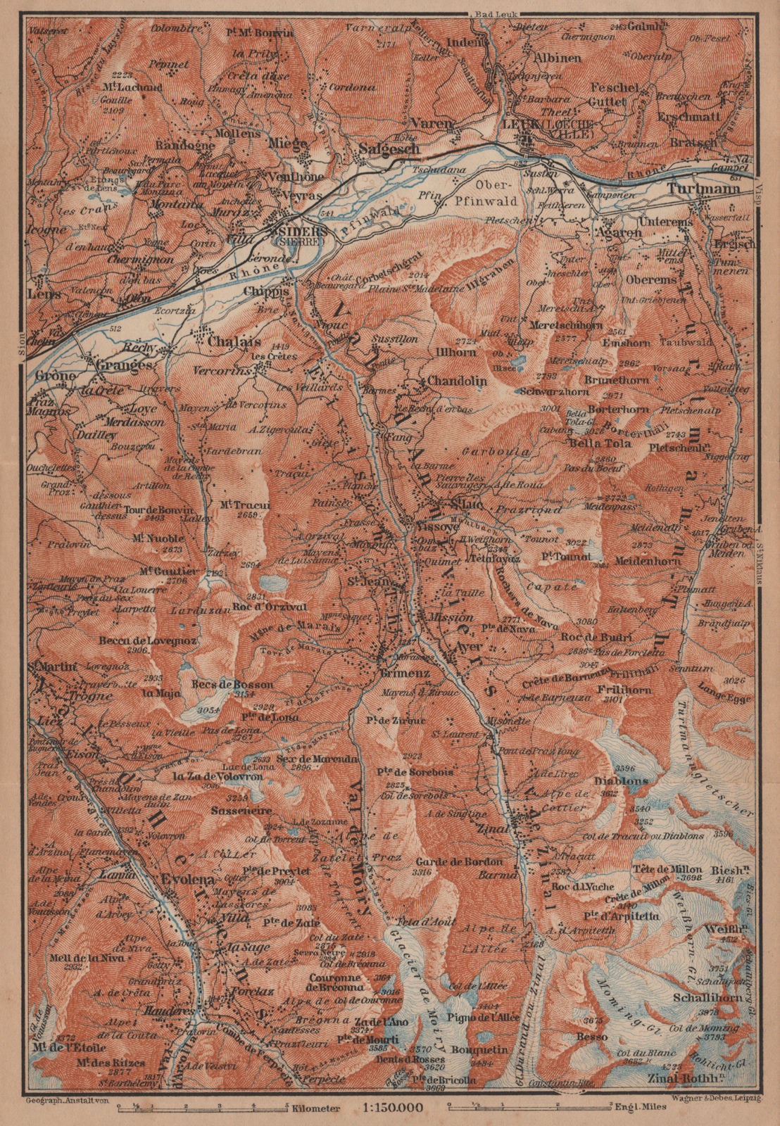 SIERRE & VAL D'ANNIVIERS. Crans-Montana Grimentz Leukle Weisshorn 1905 old map