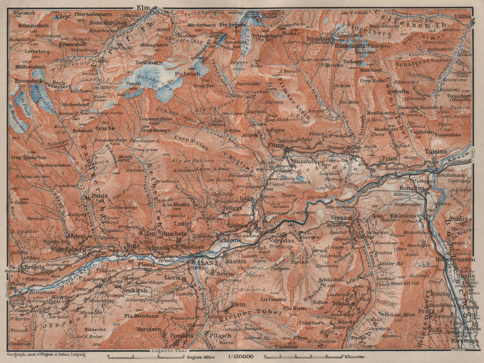 ILANZ & FLIMS AREA. Laax Obersaxen Mundaun Brigels Waltensburg Tamins 1905 map
