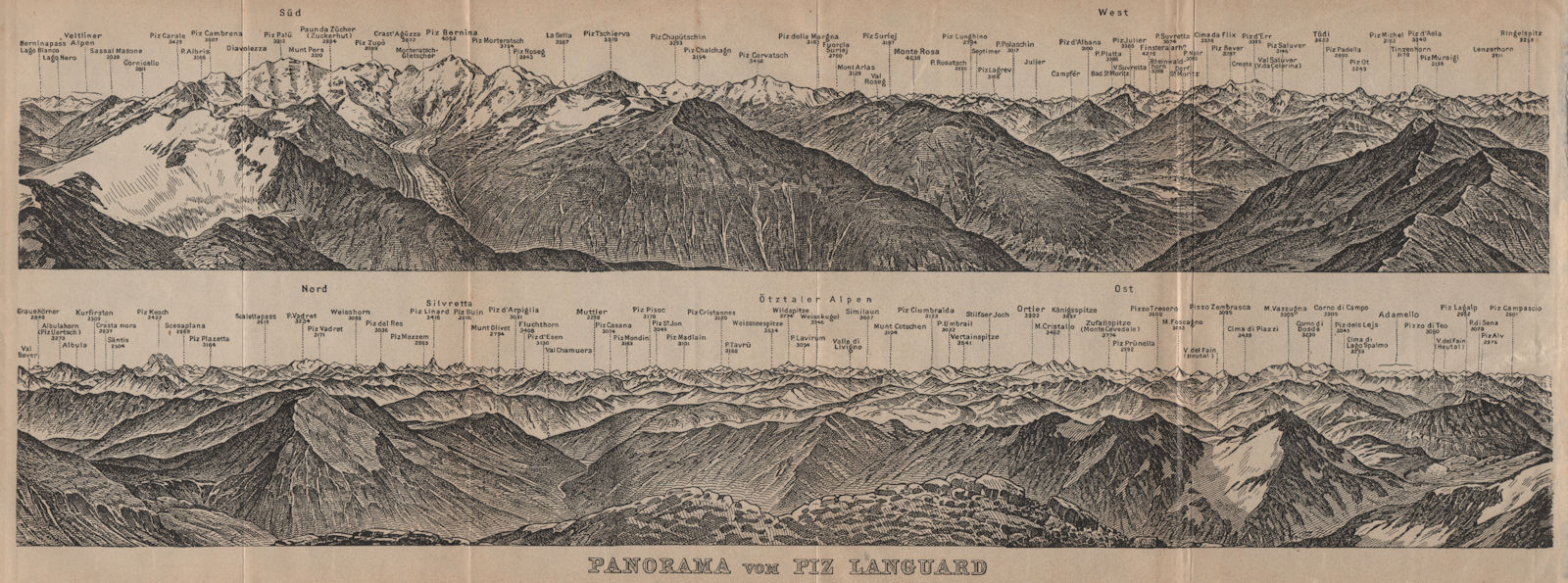 Associate Product PIZ LANGUARD PANORAMA. Bernina Roseg Monte Rosa Mont Blanc Cristallo 1905 map