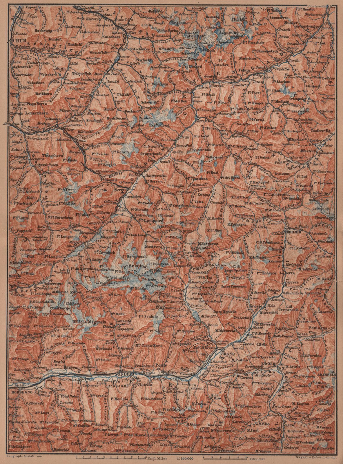 ENGADINE/VAL TELLINA. Davos Arosa Sils Bormio Livigno Sondrio Chur 1905 map