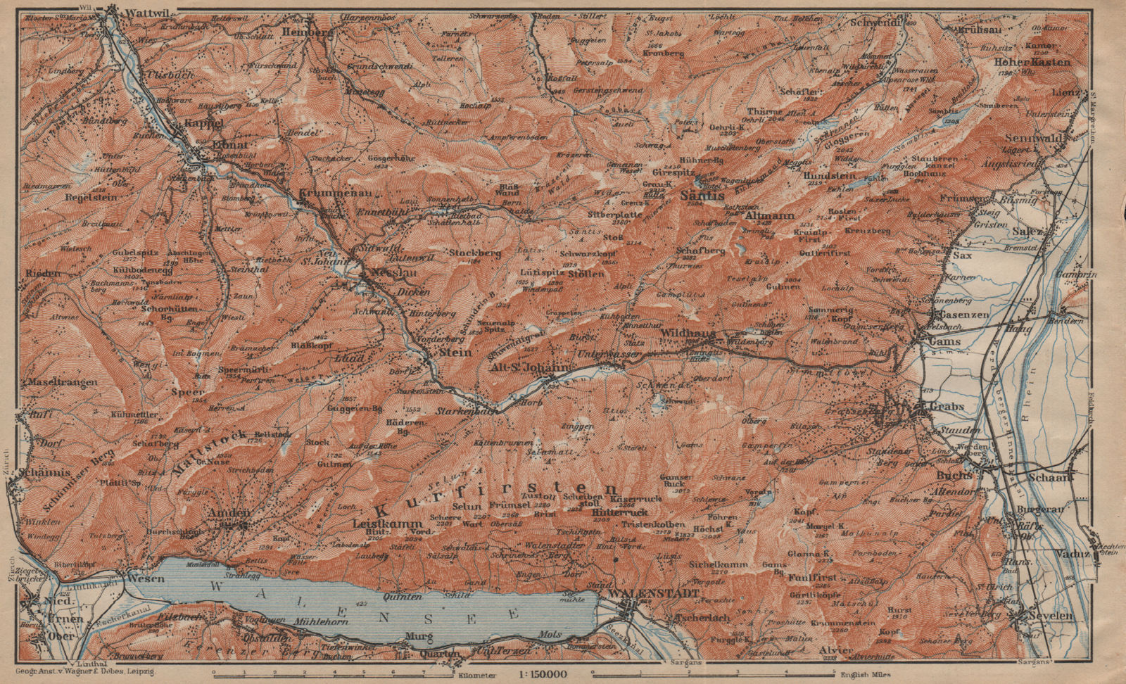 THUR VALLEY.Säntis Toggenburg Wildhaus Alt St Johann Unterwasser Grabs 1907 map