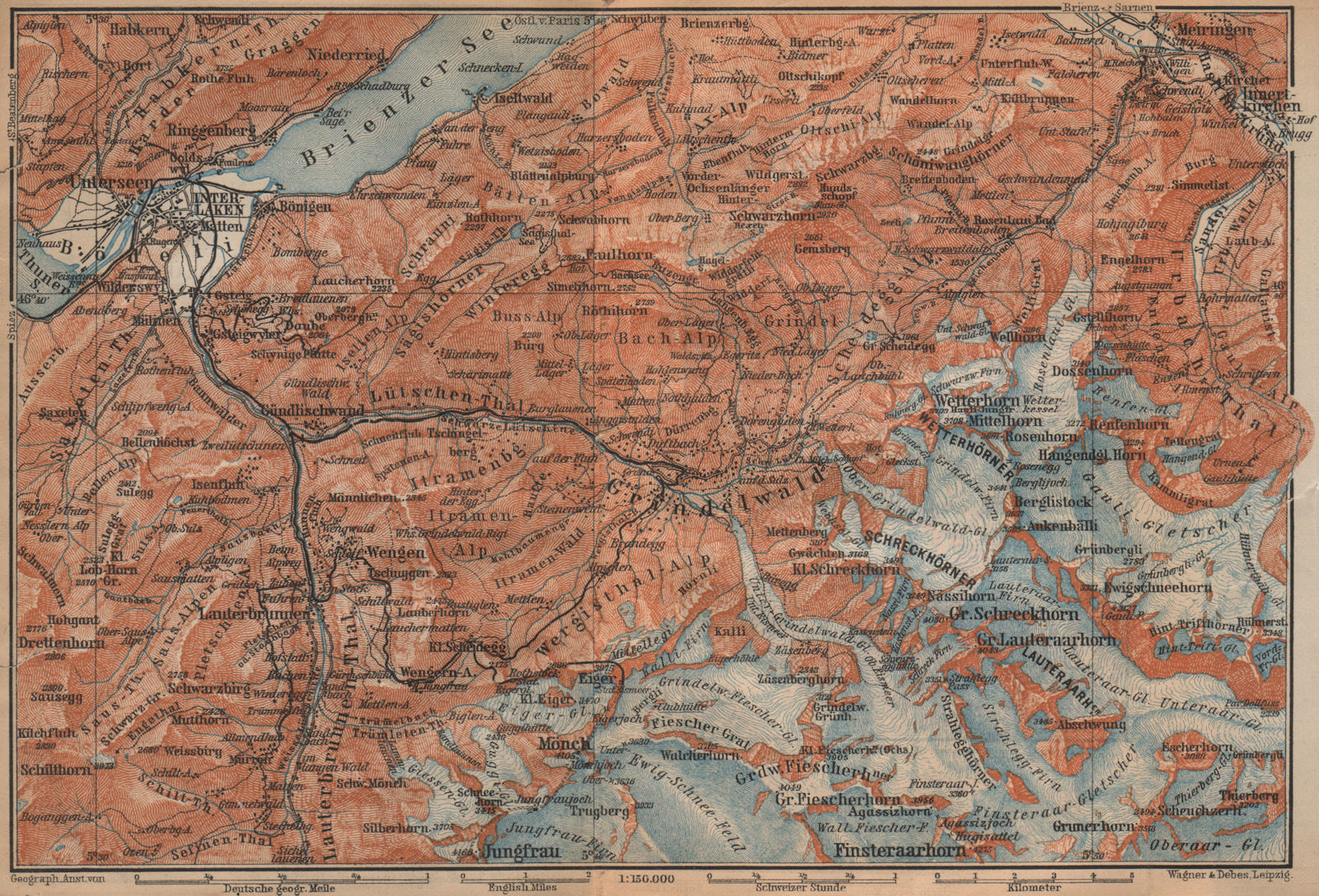 Associate Product GRINDELWALD environs. Wengen Mürren Jungfrau Wetterhorn Interlaken 1907 map