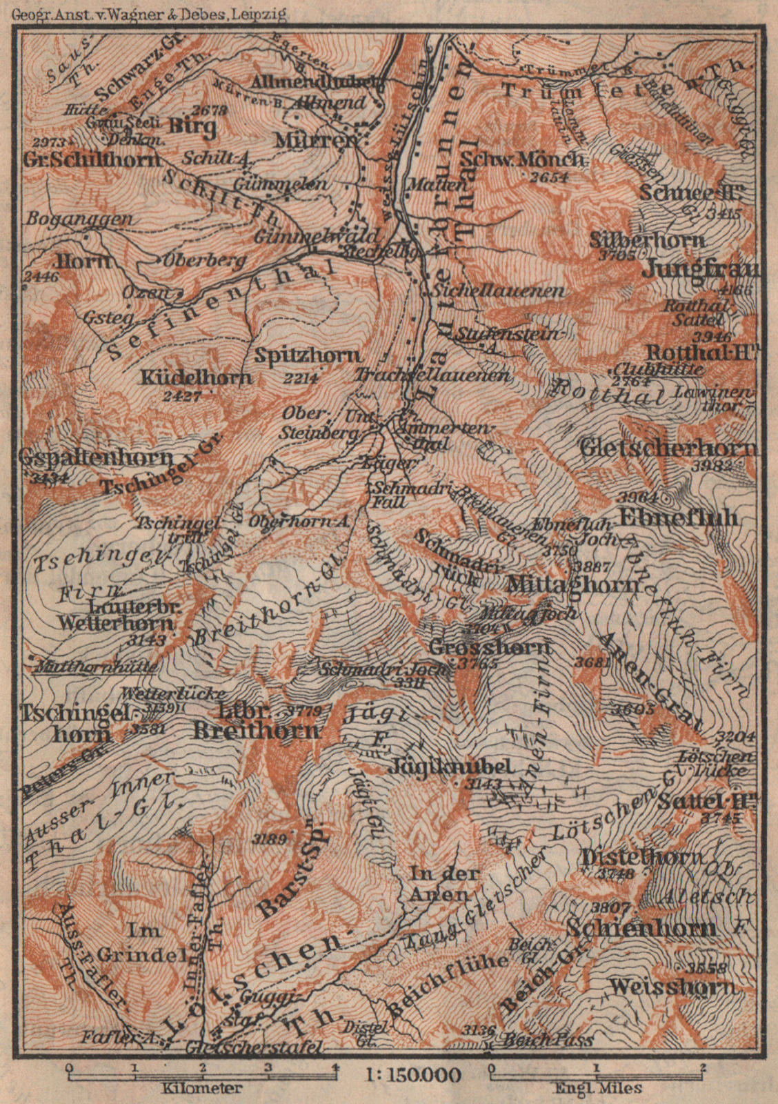 UPPER LAUTERBRUNNEN VALLEY/WALL. Mürren Grosshorn Breithorn. SMALL 1907 map