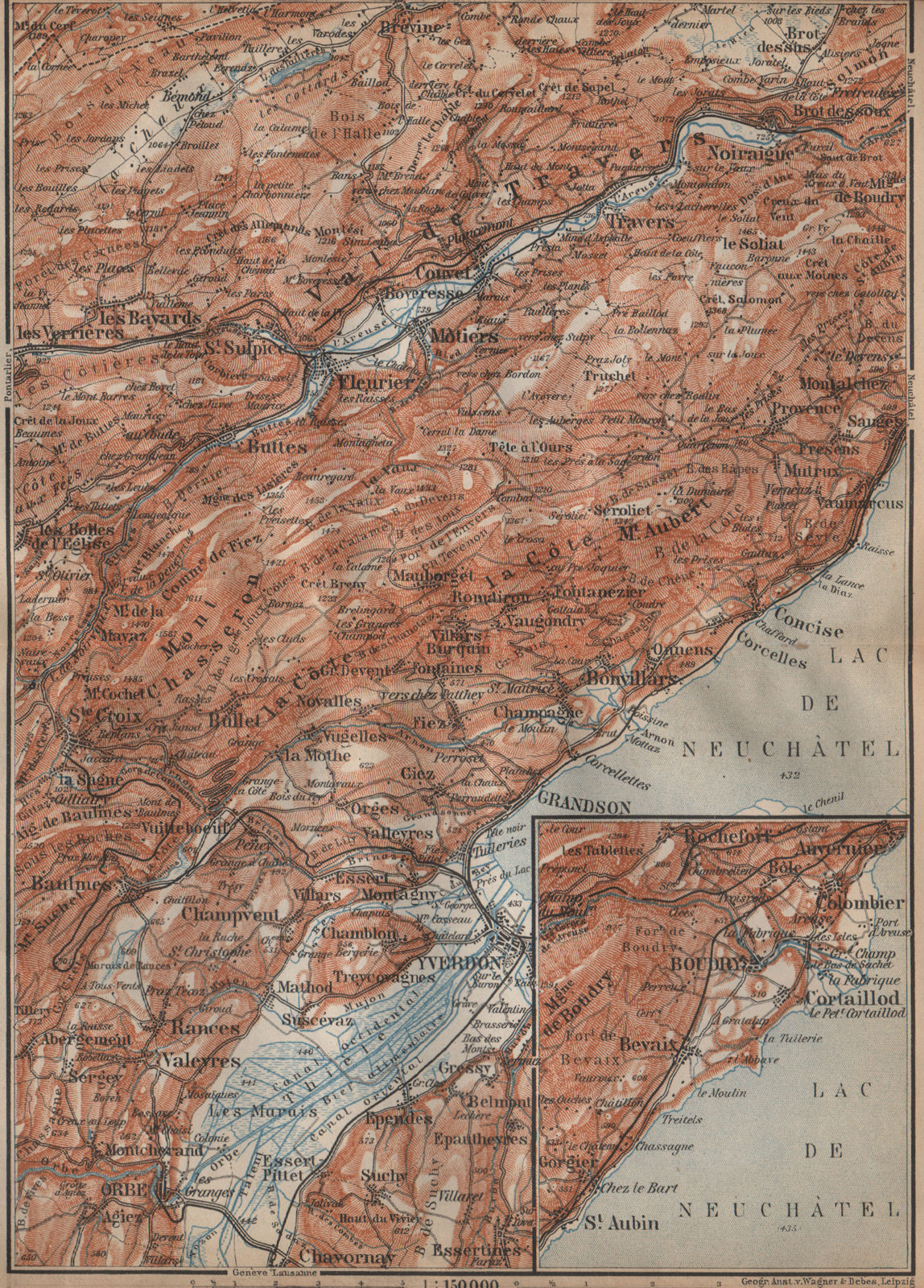 Associate Product JURA. Val-de-Travers Orbe Noiraigue Yverdon Grandson Môtiers Buttes 1907 map