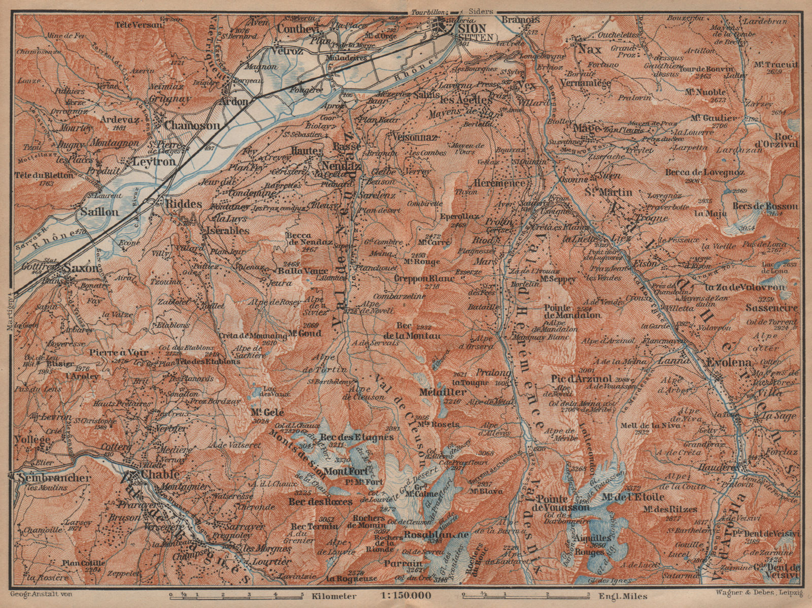 Area south of SION. Verbier Riddes Nendaz Veysonnaz Hérens Entremont 1907 map