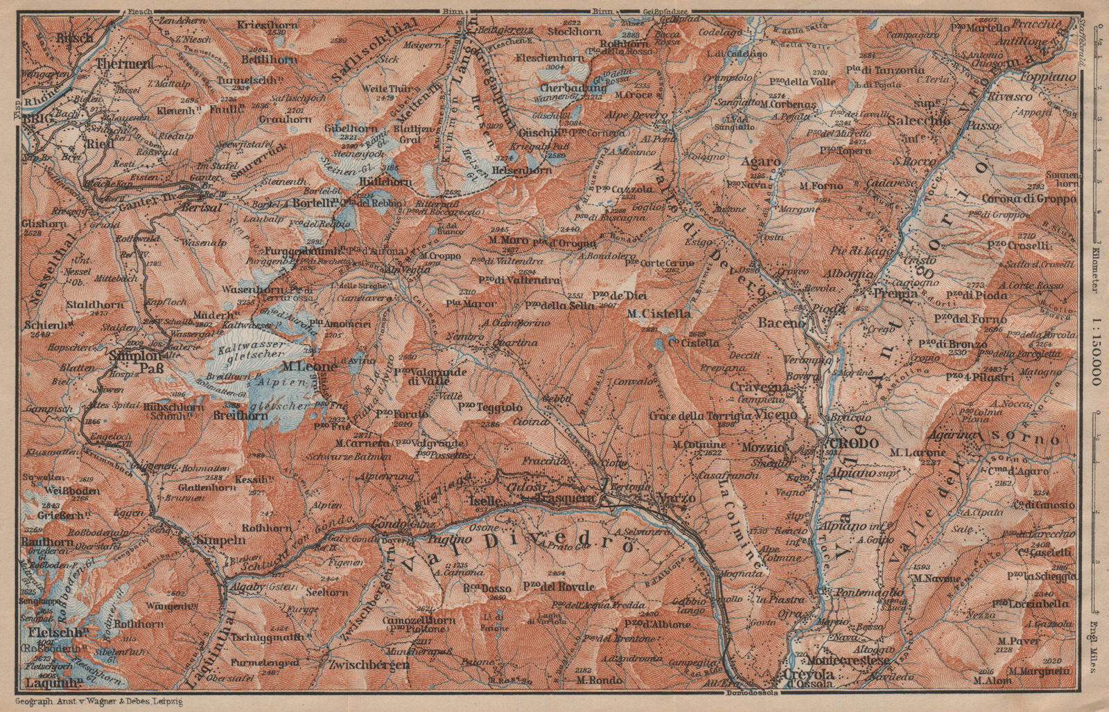 SIMPLON PASS & VAL ANTIGORIO. Thermen Val Divedro Crodo Agaro Topo-map 1907
