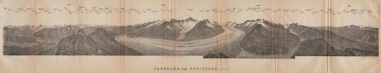 EGGISHORN PANORAMA Aletschhorn Glacier Nesthorn Mont Blanc Leone Eiger 1907 map