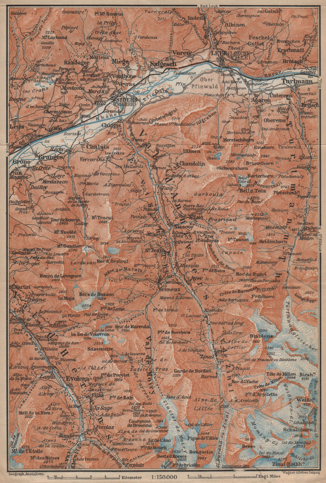 SIERRE & VAL D'ANNIVIERS. Crans-Montana Grimentz Leukle Weisshorn 1907 old map