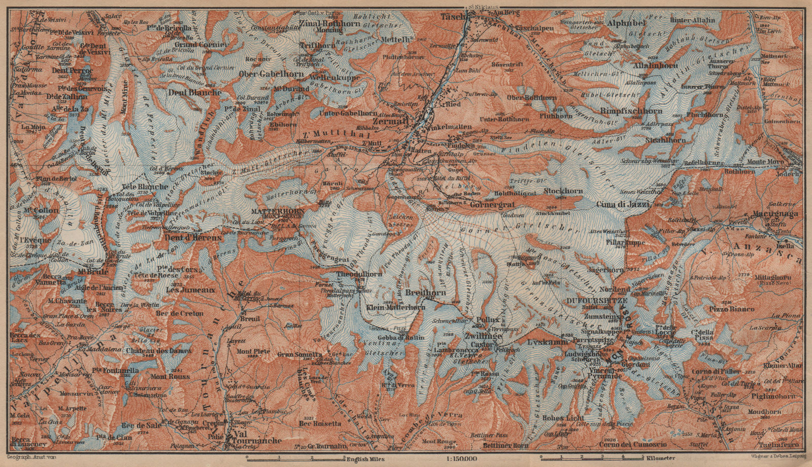 Associate Product ZERMATT ENVIRONS. Breuil-Cervinia Matterhorn Tournanche Monte Rosa 1907 map