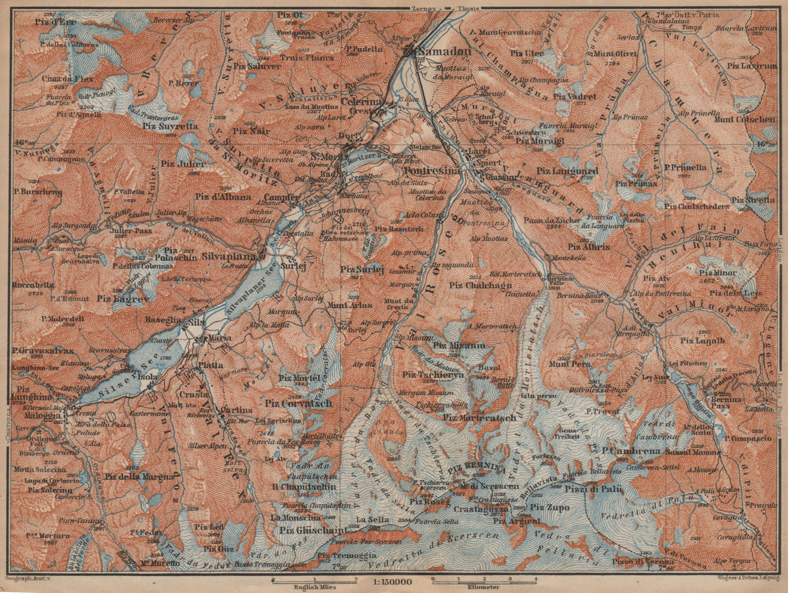 UPPER ENGADINE. St Moritz Celerina Pontresina Sils-Maria Bernina Range 1907 map