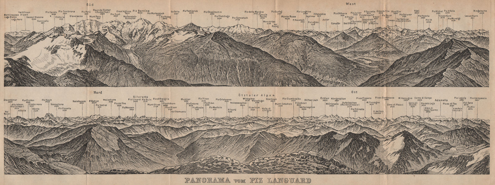 PIZ LANGUARD PANORAMA. Bernina Roseg Monte Rosa Mont Blanc Cristallo 1907 map