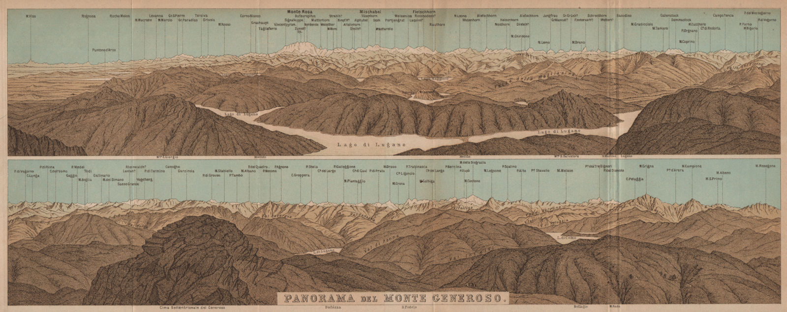MONTE GENEROSO PANORAMA. Lugano Como Maggiore Rosa Mischabel Disgrazia 1907 map