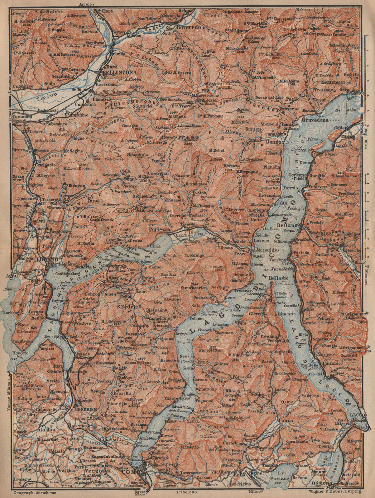 LAKES/LAGO DI COMO & LUGANO. Lecco Bellinzona. Topo-map. Italy mappa 1907