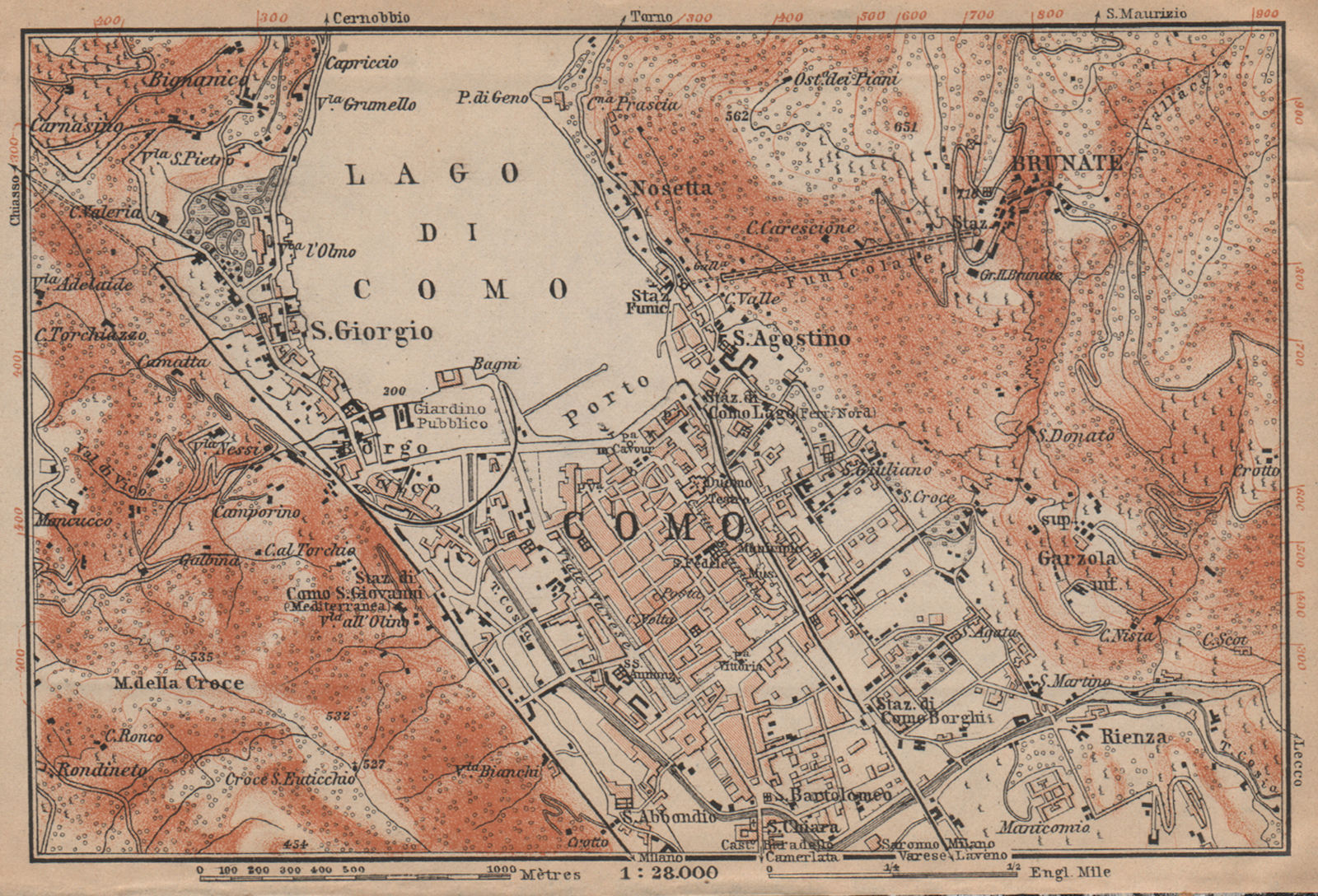 COMO ENVIRONS. Brunate San Giorgio. Italy mappa. BAEDEKER 1907 old antique