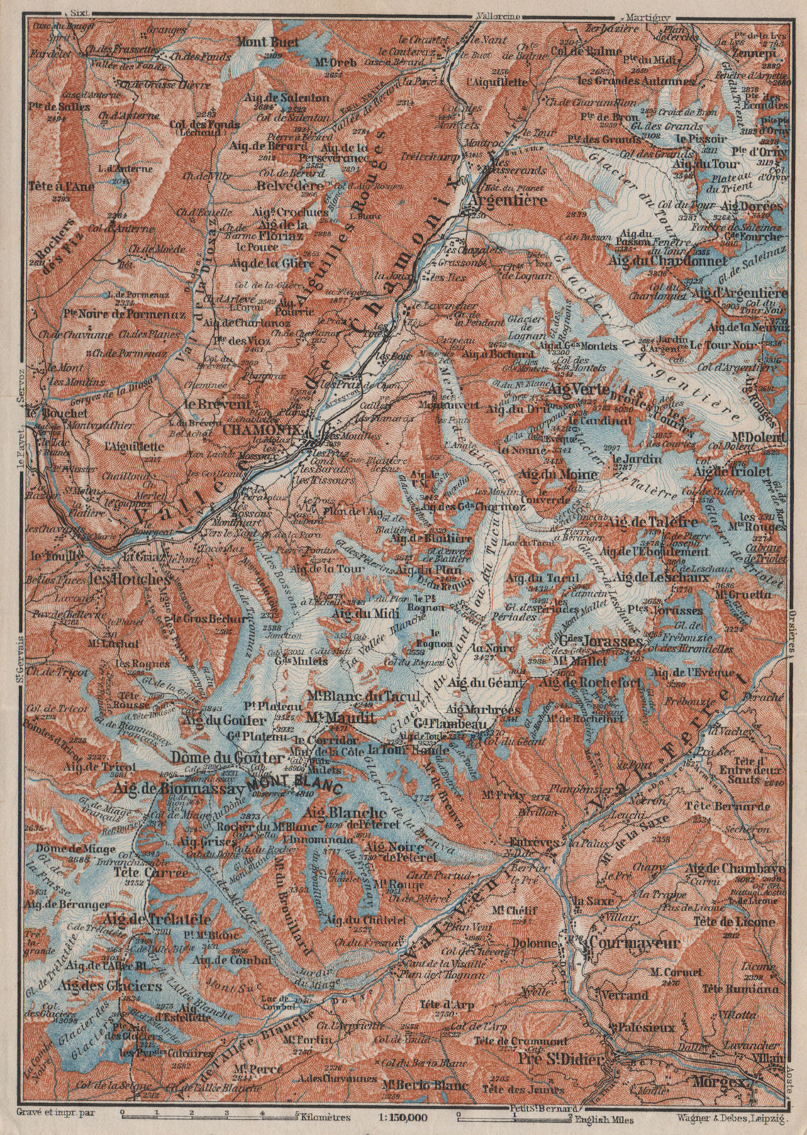 CHAMONIX & MONT BLANC MASSIF. Argentière Les Houches Courmayeur carte 1909 map