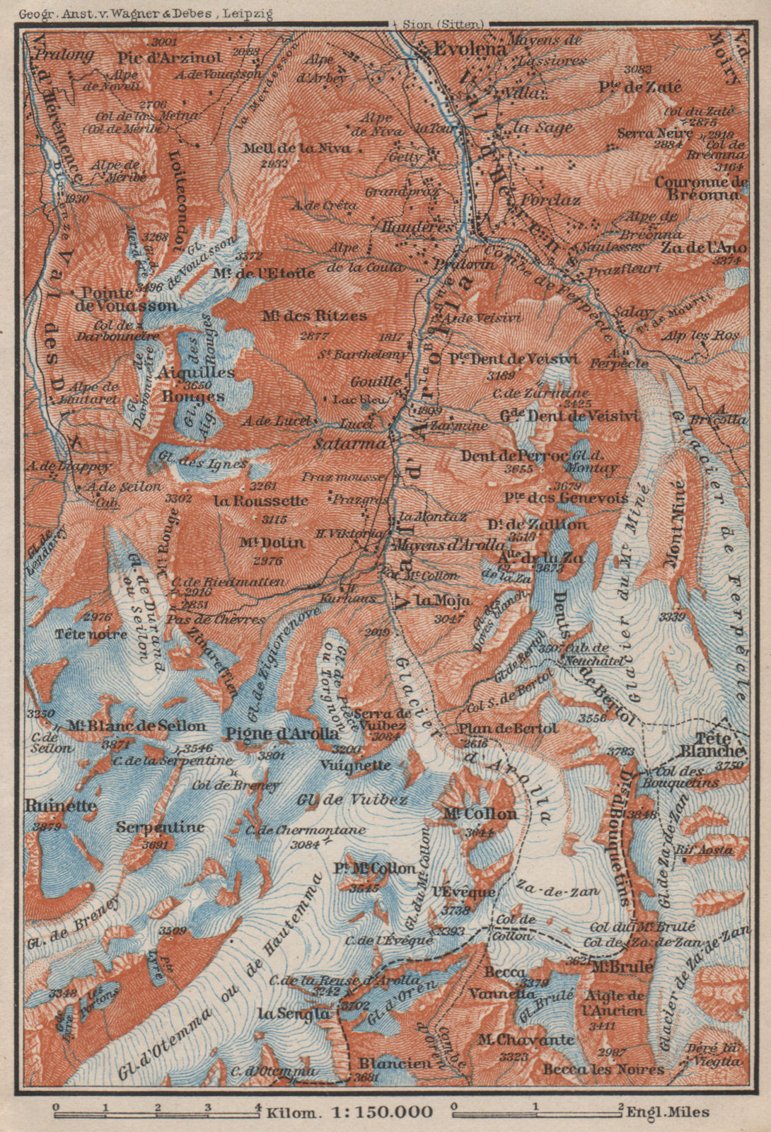 Associate Product VAL D'AROLLA. Evolène Hérens Mont Collon Tête Blanche Aiguilles Rouges 1909 map