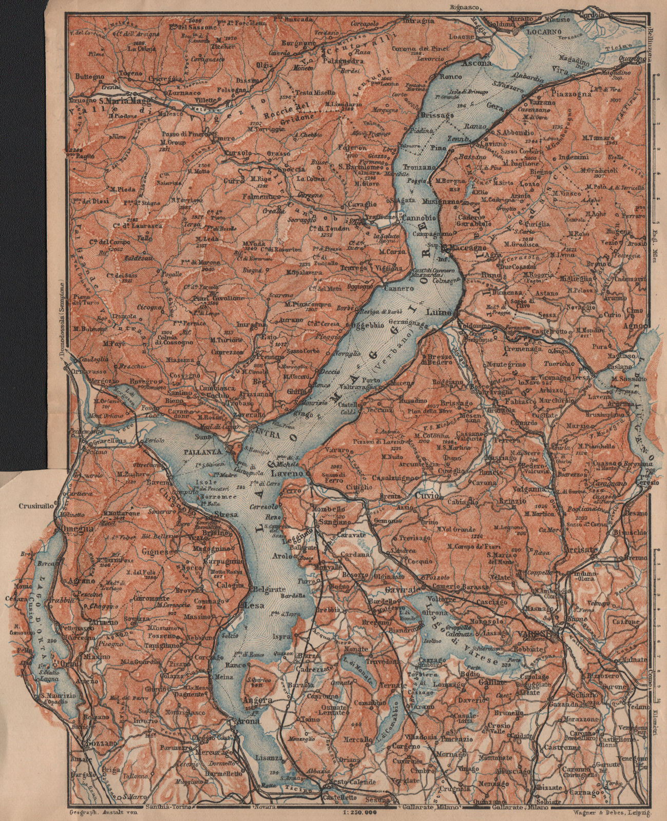 LAGO MAGGIORE. Lake Maggiore. Varese Varesa Pallanza. Topo-map. Italy 1909