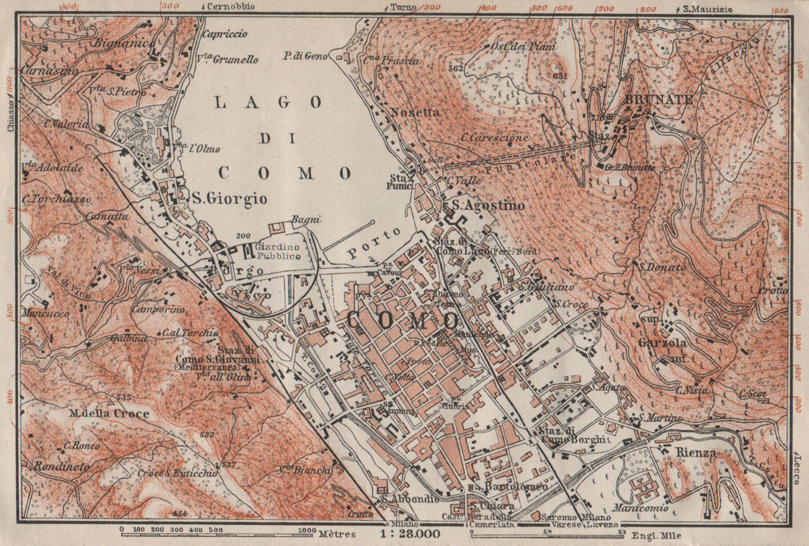 Associate Product COMO ENVIRONS. Brunate San Giorgio. Italy mappa. BAEDEKER 1909 old antique