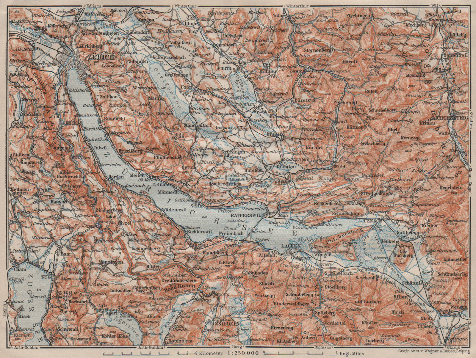 Associate Product LAKE ZÜRICH. Zuricher See Lachen Utznach.Topo-map. Switzerland Schweiz 1911