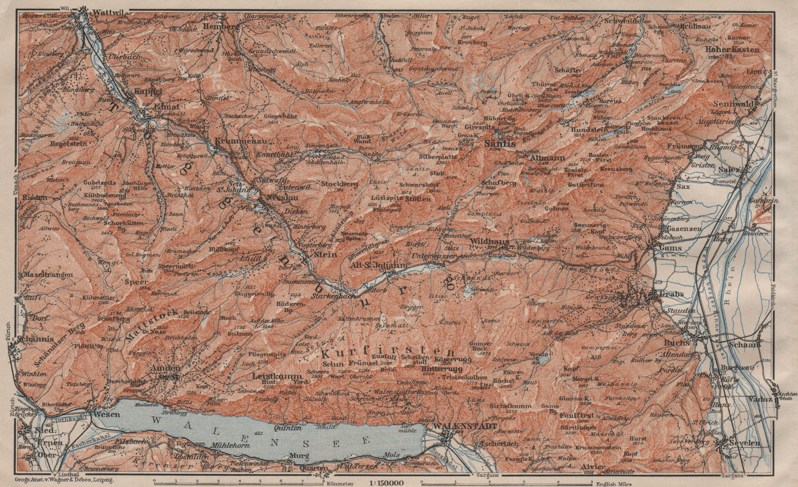 Associate Product THUR VALLEY.Säntis Toggenburg Wildhaus Alt St Johann Unterwasser Grabs 1911 map