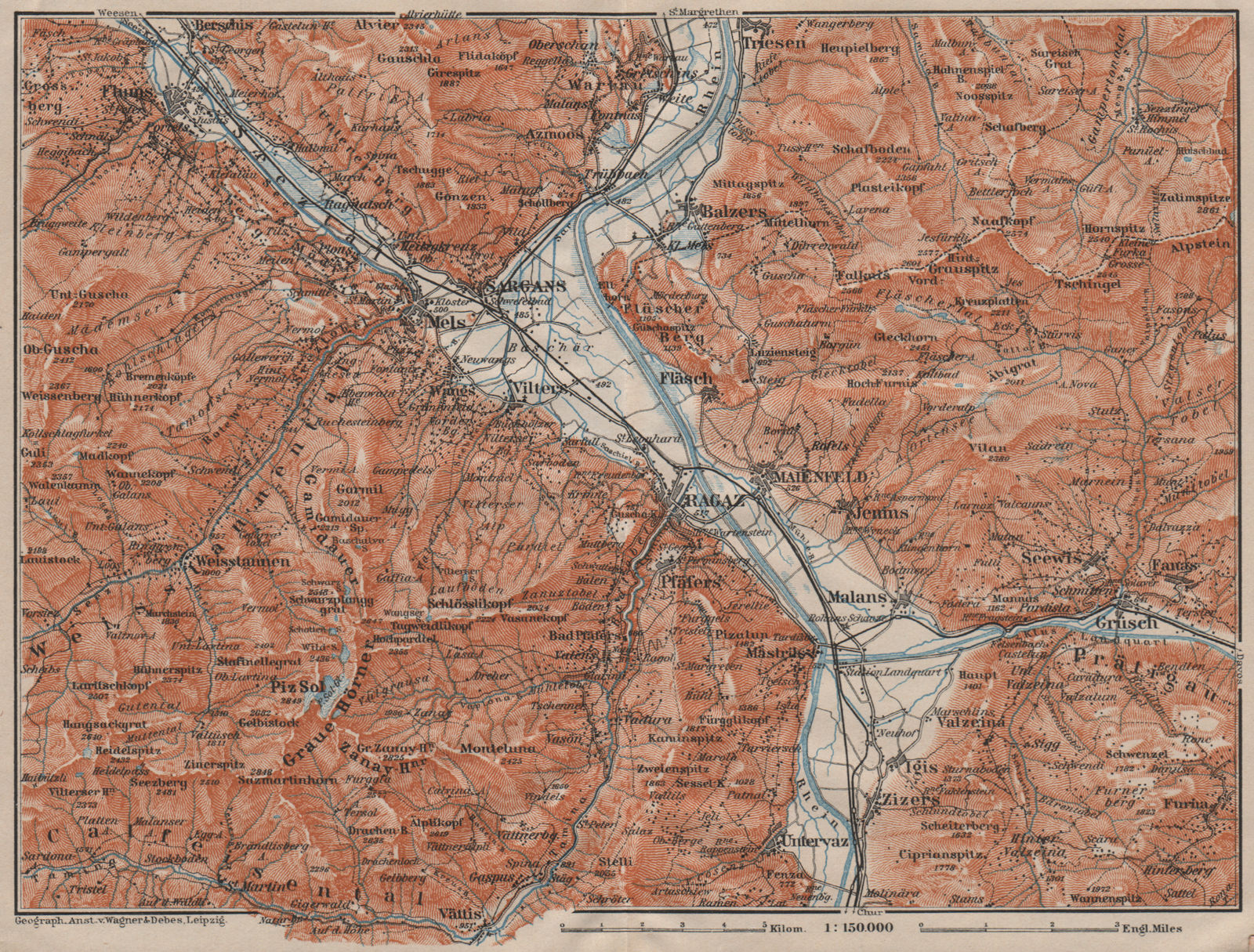 BAD RAGAZ. Malbun Flums Wangs Pizol Sargans Grusch Malans Maienfeld 1911 map