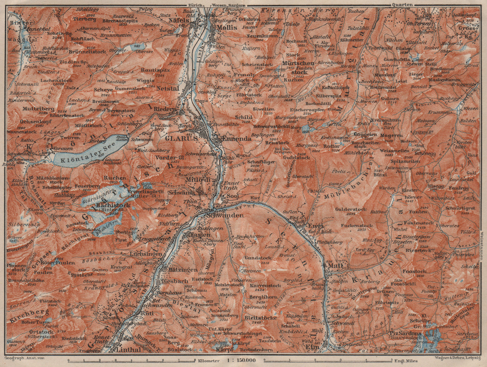 Associate Product GLARUS area. Braunwald Bächistock Netstall Mollis Näfels Elm. Topo-map 1911