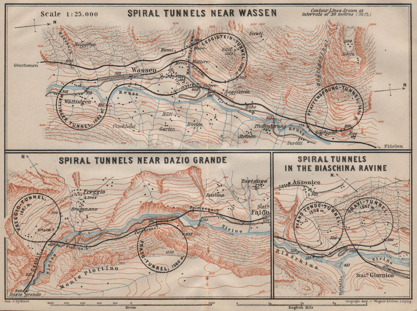 ST GOTTHARD RAILWAY SPIRAL/LOOP TUNNELS Wassen Freggio Prato Biaschina 1911 map