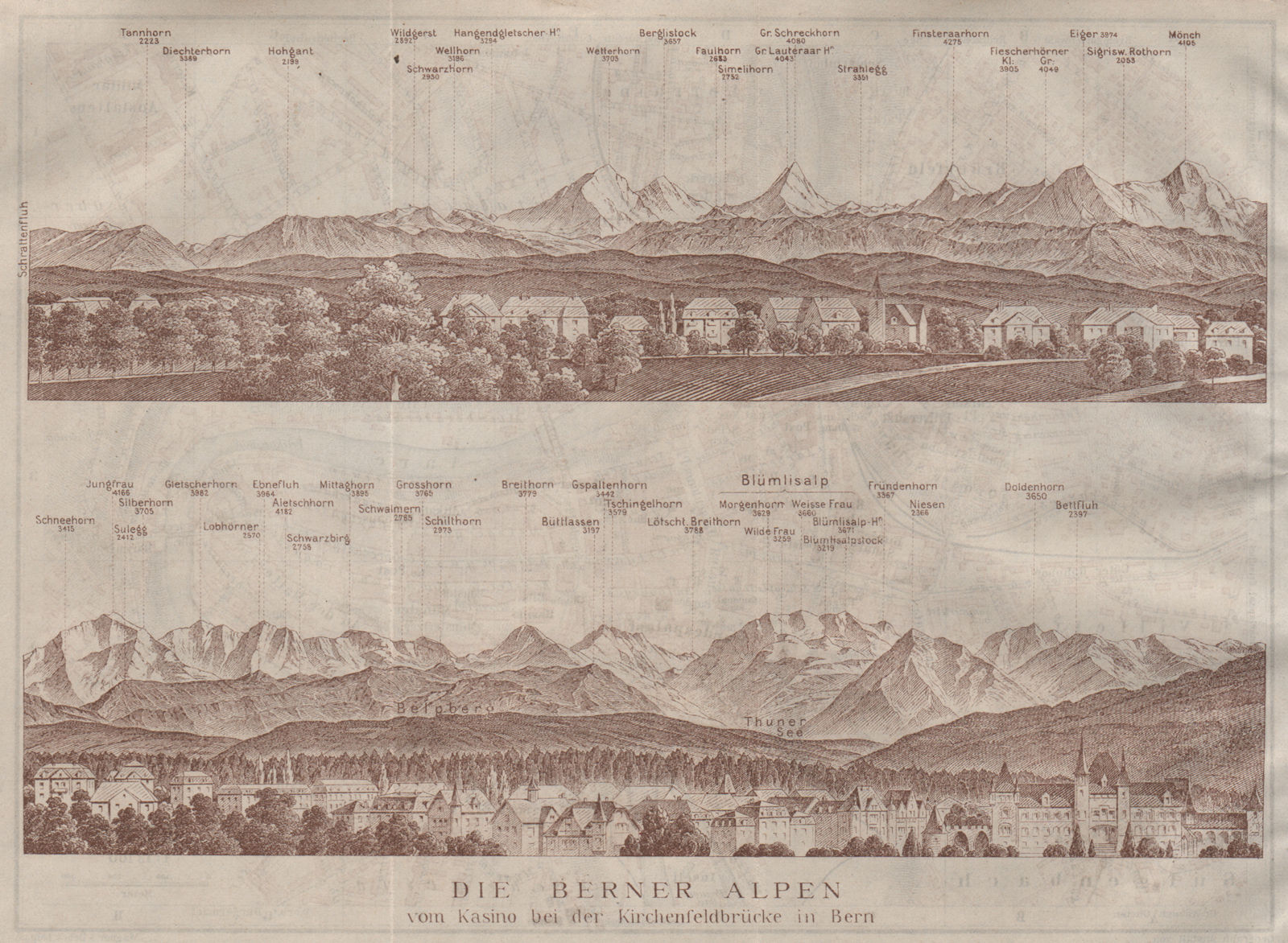 Associate Product PANORAMA vom/from BERN/Berne. Blumisalp Eiger Jungfrau Gletscherhorn 1911 map