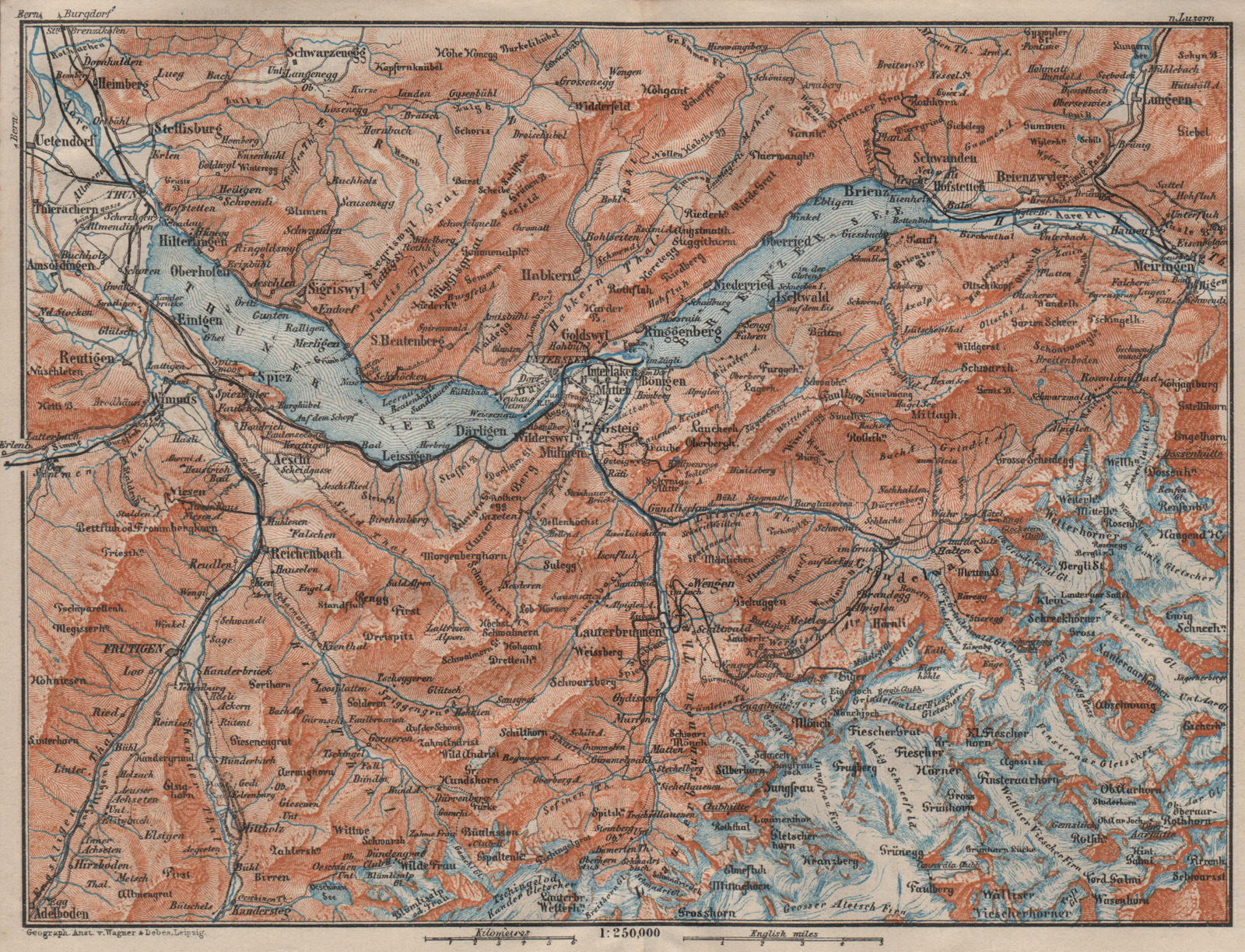 BERNESE OBERLAND. Wengen Mürren Grundelwald Reutigen Interlaken Eiger 1911 map
